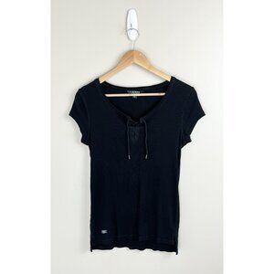 Lauren Ralph‎ Lauren Women’s Sz M Lace Up  Top Black Cap Sleeve Ribbed